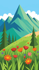 Vibrant meadow wildflowers alpine mountain landscape vector illustration eps vector
