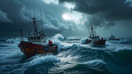 Rugged fishing boats battling the high seas amid towering high waves and ominous dark clouds with thick grey mist generative AI