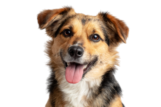 Happy mixed breed dog face with tongue out isolated on transparent background