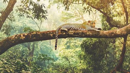 Fototapeta premium Leopard lounging on tree branch in tropical forest habitat. Wild spotted cat resting in natural jungle environment with lush green foliage, showcasing wildlife behavior.