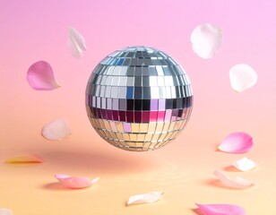 Floating disco ball casting rainbow reflections over a pastel gradient background