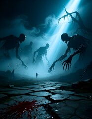 Lone person facing giant shadow monsters