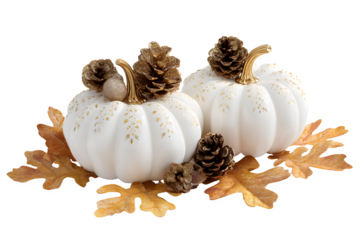 Elegant white pumpkins with golden accents and fall leaves create a stunning autumn display, perfect for Halloween Design