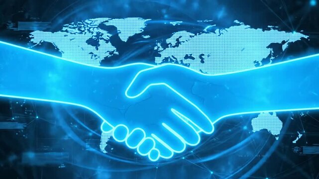 Global Business Partnership: Digital Handshake - A stylized digital handshake graphic against a world map backdrop symbolizes global business connections, cooperation, and harmony.