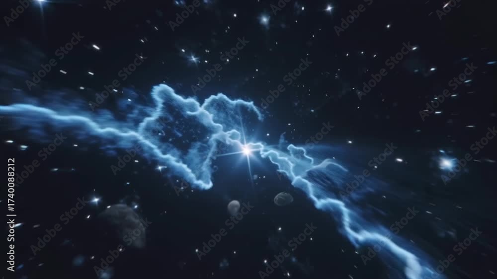 Wall mural cosmic nebula with bright star and scattered asteroids in deep space.