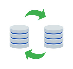 Database Sync Icon – Circular Arrows Between Data Storage Units Representing Replication, Backup, and Cloud Transfer
