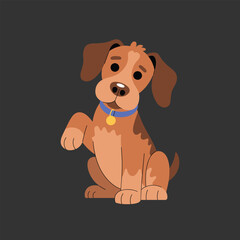 Cute Brown Cartoon Dog Sitting and Waving Paw on Dark Background Keywords: dog, puppy, cartoon
