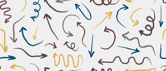 Hand drawn seamless pattern with abstract arrows. Vector sketch illustrations in blue, purple, yellow colors. Abstract doodles and scribbles for business. Print textile texture.