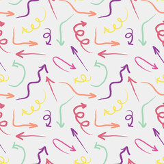 Hand drawn playful arrow seamless pattern. Vector sketch illustration in playful crayon style. Colorful arrows and squiggly lines in red, orange, yellow, green, pink, purple for decorative design.