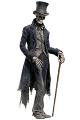 Fototapeta premium Creepy skeleton figure in tattered Victorian attire holding cane, perfect for Halloween, gothic themes, or spooky decorations with a ghostly touch.