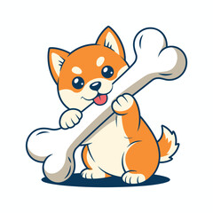 Cute Shiba Inu Puppy Holding a Large Bone Cartoon Illustration Keywords: shiba inu, puppy, dog