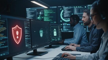 Cybersecurity Team Analyzing Encrypted Data - A diverse team of cybersecurity professionals works collaboratively, analyzing encrypted data on multiple computer screens displaying security protocols - Powered by Adobe
