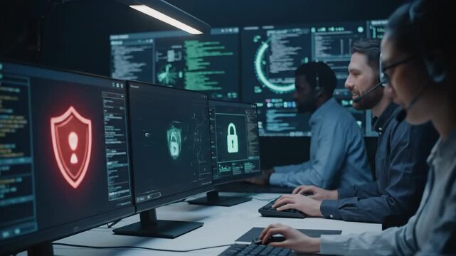 Cybersecurity Team Analyzing Encrypted Data - A diverse team of cybersecurity professionals works collaboratively, analyzing encrypted data on multiple computer screens displaying security protocols
