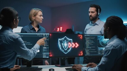 Cybersecurity Team Analyzing Data - A diverse team of cybersecurity professionals collaborates, analyzing encrypted data on multiple computer screens in a dark, modern office. - Powered by Adobe