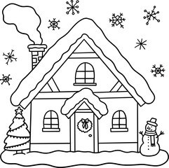 Christmas house in doodle style with snow covered roof, snowman, decorated tree, chimney smoke and falling snowflakes, drawn as black and white line art for coloring. Vector illustration.
