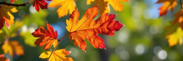 Fototapeta premium A single oak leaf displays a vibrant spectrum of autumn colors: fiery red, sunny yellow, deep orange, and russet brown, all in one breathtaking display, brown, colorful, close up