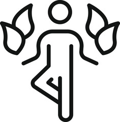 Stylized line art icon of a person in tree pose yoga with abstract wing shapes symbolizing growth and balance