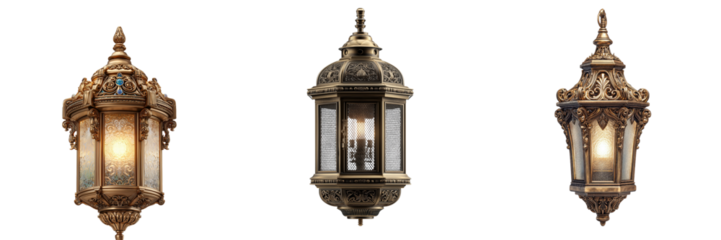 Set of Vintage Brass Lantern With Elegant Design And Warm Glow isolated on a transparent background