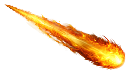 A fiery meteor isolated on transparent background, hurtling through space with a trail of flames, symbolizing cosmic power and celestial events