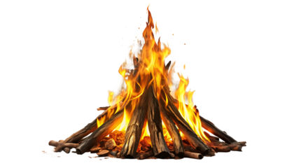 A blazing campfire isolated on transparent background, showcasing the beauty and danger of fire with its vibrant flames and glowing embers