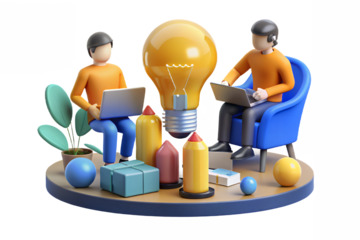 Creative minds collaborating around a bright idea lightbulb