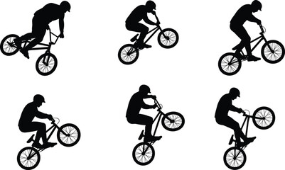 Obraz premium BMX bike silhouette, stunt rider motion, airborne trick posture, extreme sport action, black figure, freestyle maneuver, cycling technique, helmet athlete, dynamic jump