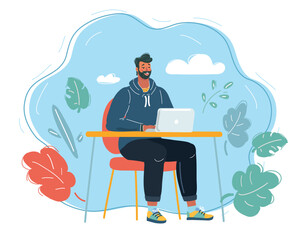 Young man working on laptop vector illustration in office setting