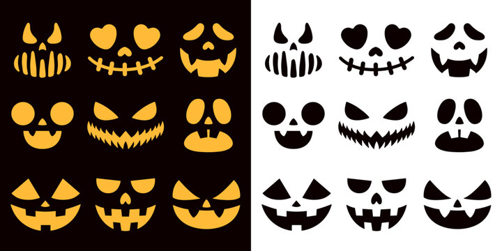 Collection of Halloween pumpkin carved faces in black, orange on light, dark isolated backgrounds. Funny, scary eyes and mouth. Emojis. Spooky jack o lantern flat vector silhouettes set. Hand drawn.