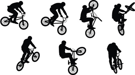 Obraz premium BMX bike silhouette, stunt rider motion, mid-air trick, extreme sport posture, black figure, cycling technique, acrobatic movement, freestyle jump, helmet athlete