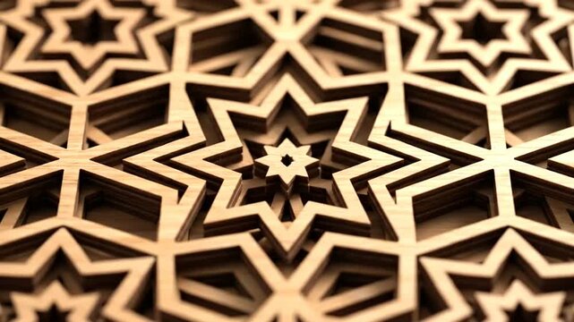 Intricate Wooden Geometric Star Pattern with Warm Lighting.