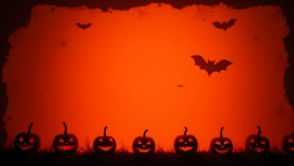 Gradient Halloween Banner with Glowing Pumpkin Faces and Flying Bats