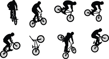 Obraz premium BMX bike silhouette, stunt rider motion, mid-air trick, freestyle posture, extreme sport action, black figure, cycling technique, airborne maneuver, helmet athlete
