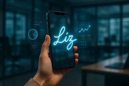 A Glimpse into Future Business: An eye-level view showcases a hand holding a smartphone with digital data charts and the name Liz glowing on the screen.