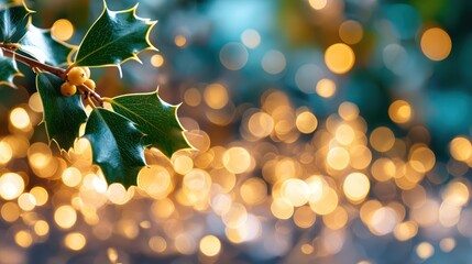 Golden Holly Leaves with Berries and Bokeh Lights Christmas Background