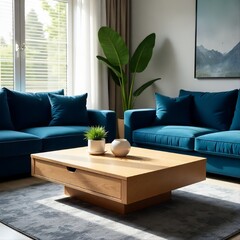 Stylish minimalist living room with decorative coffee table