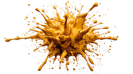 A splash of thick, liquid gold paint exploding outwards in a dynamic burst against a pure white background.
