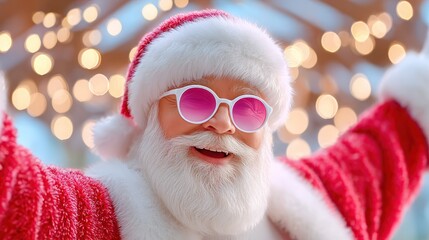 Cool Santa Claus dancing with sunglasses under Christmas festive lights