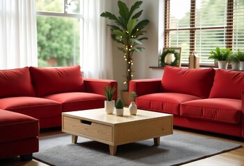 Minimalist festive interior with natural wood table and holiday touches