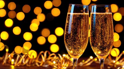 Two Champagne Flutes with Golden Bubbles and Yellow Bokeh Lights