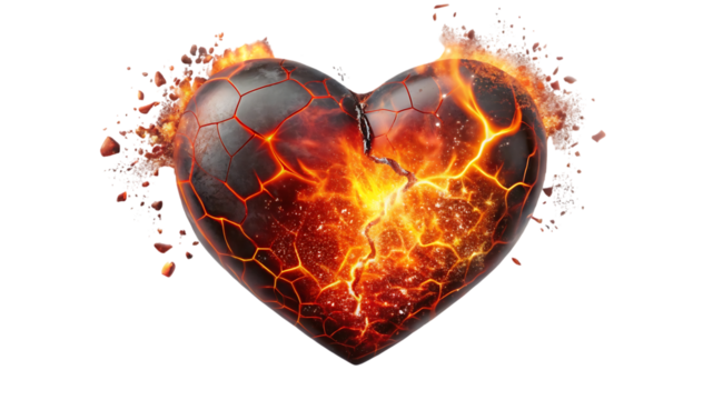 Cracked fiery heart isolated on transparent background, symbolizing heartbreak, emotional turmoil, and the resilience to overcome challenges