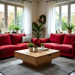 Warm modern living room styled with Christmas lights and greenery