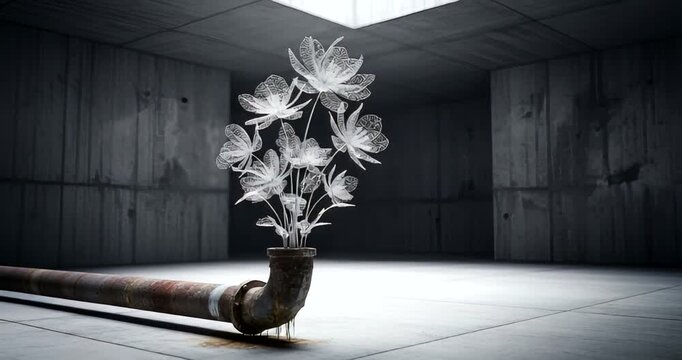 Artistic representation of flowers growing from a rusty pipe in an industrial setting
