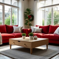 Modern Christmas living room with wooden coffee table and festive accents