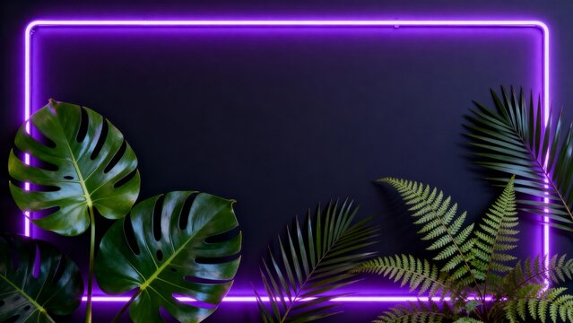Neon frame with tropical leaves - Powered by Adobe