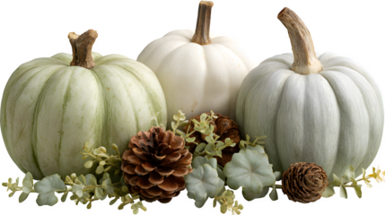 Elegant autumn harvest display featuring pastel pumpkins, pinecones, and delicate greenery perfect for seasonal decor and Halloween celebrations