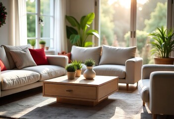 Modern living room with wooden coffee table and white sofas