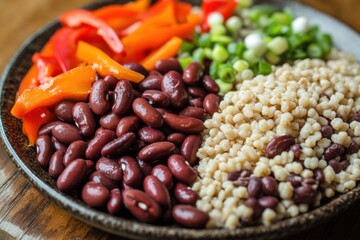 Colorful plate of fresh vegetables and grains served for a healthy meal preparation in a cozy kitchen setting