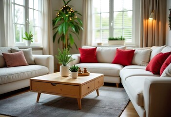 Modern living room with wooden coffee table and white sofas