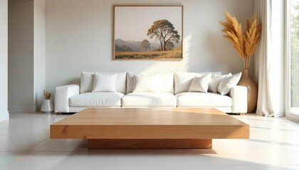 Cozy minimalist home with white sofa, square wooden table, and artwork.