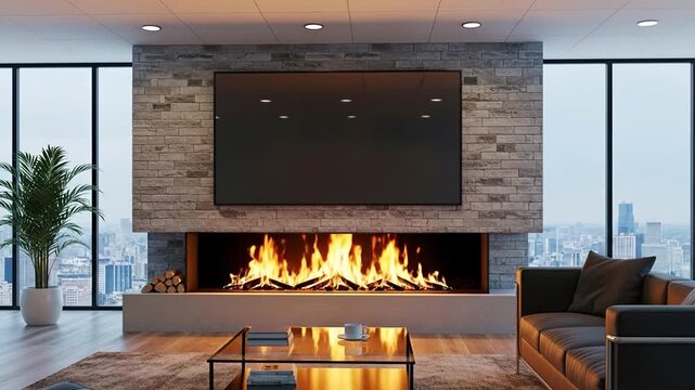 Modern office with cozy fireplace animation, seamless looping background